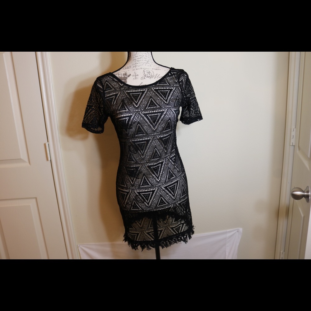 New swim cover up v neck fringe sheer black dress